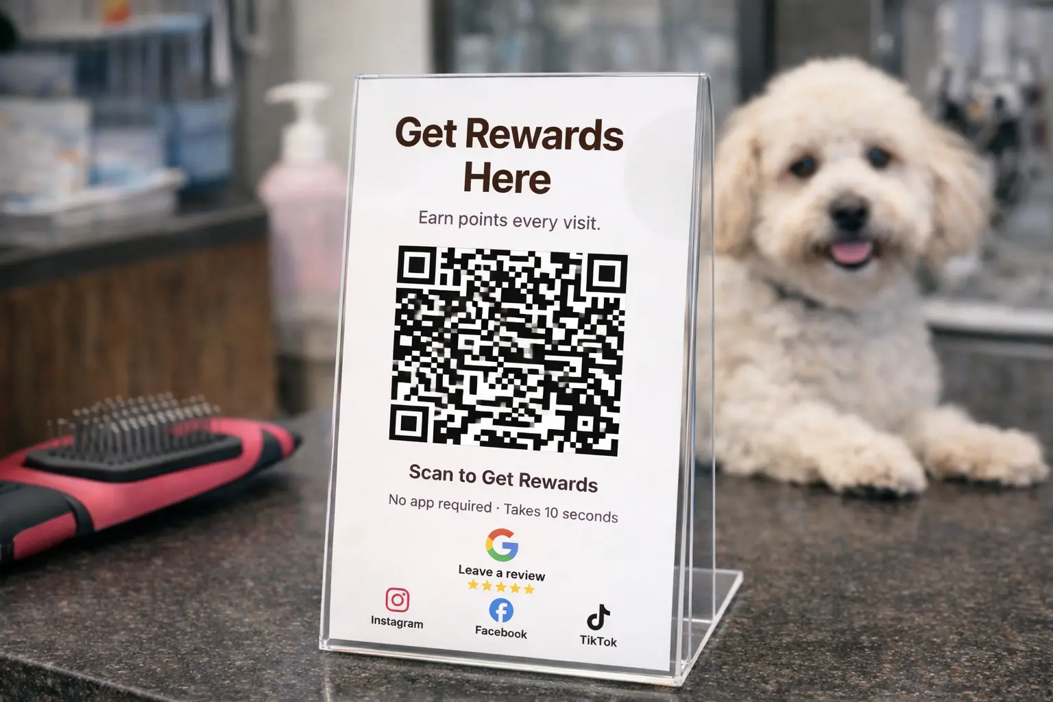 QR stand on a pet grooming shop counter