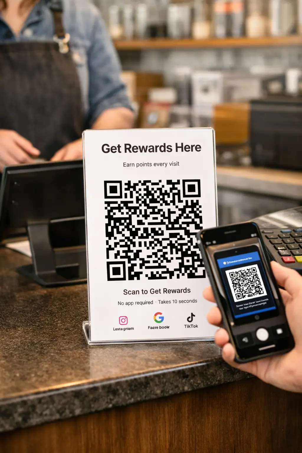 Customer scanning QR code at point of sale counter
