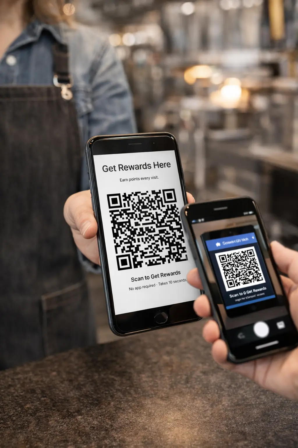 Customer scanning QR code on staff member's phone